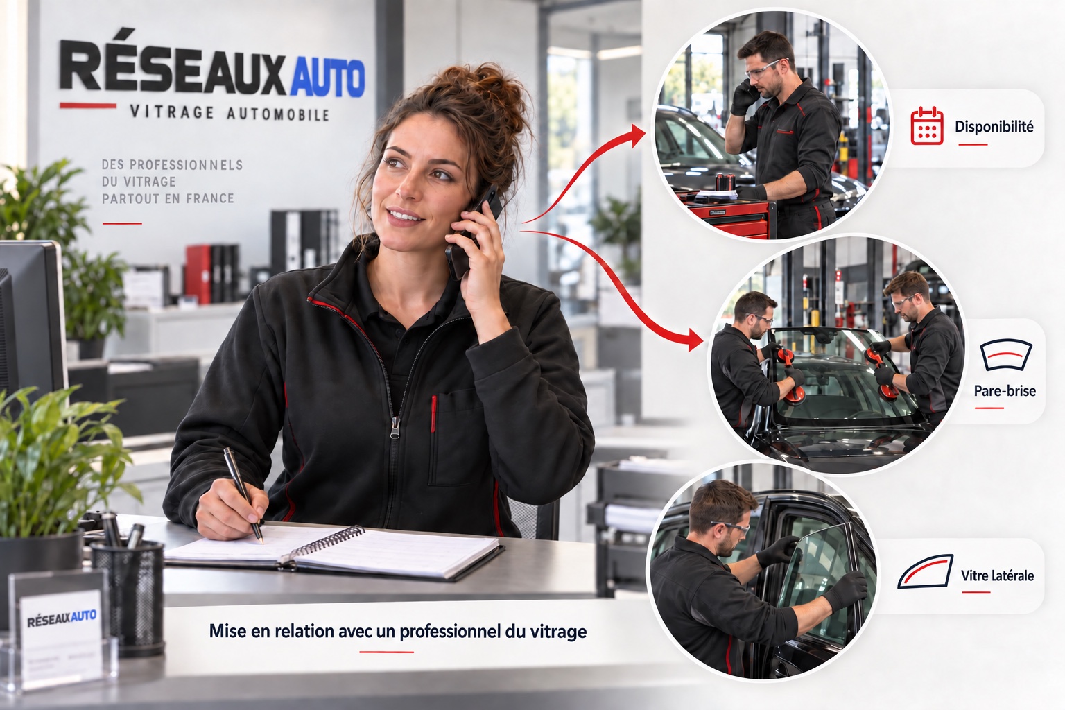 Réseaux Auto coordonne par téléphone la mise en relation avec des professionnels pour le remplacement de pare-brise et de vitres latérales.